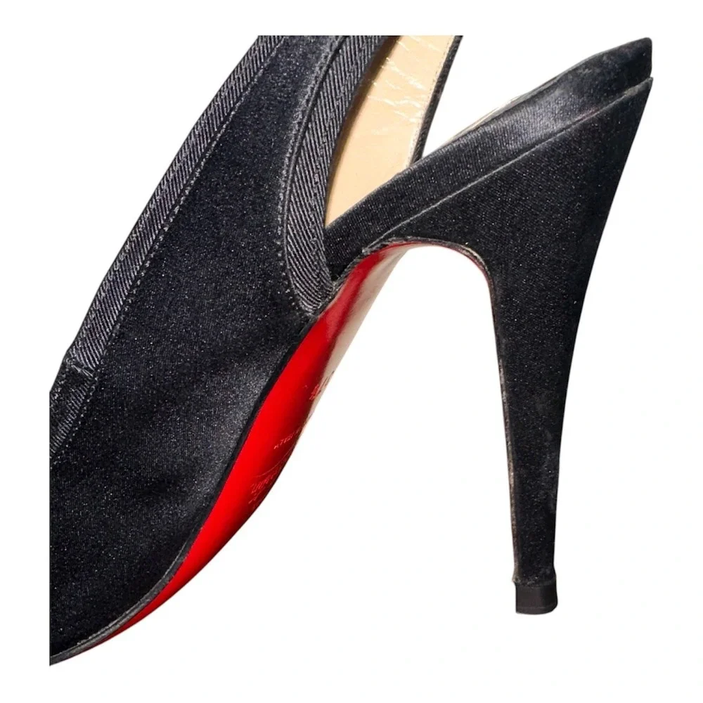 Christian Louboutin Black Satin Sling Back Bow kitten Pumps - Size 37.5